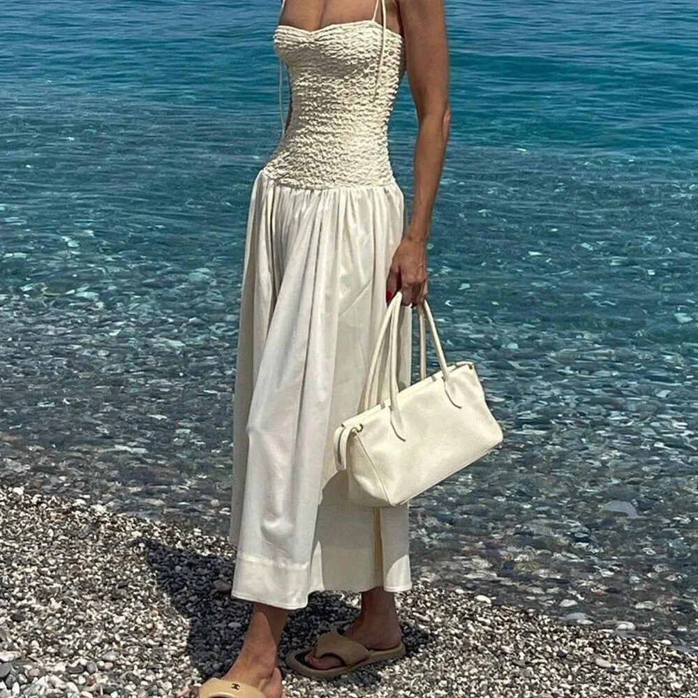 Cream Party Women's Beach Vacation Elegant Waist Cinched Fitted Camisole Dress - Picture 2 of 7